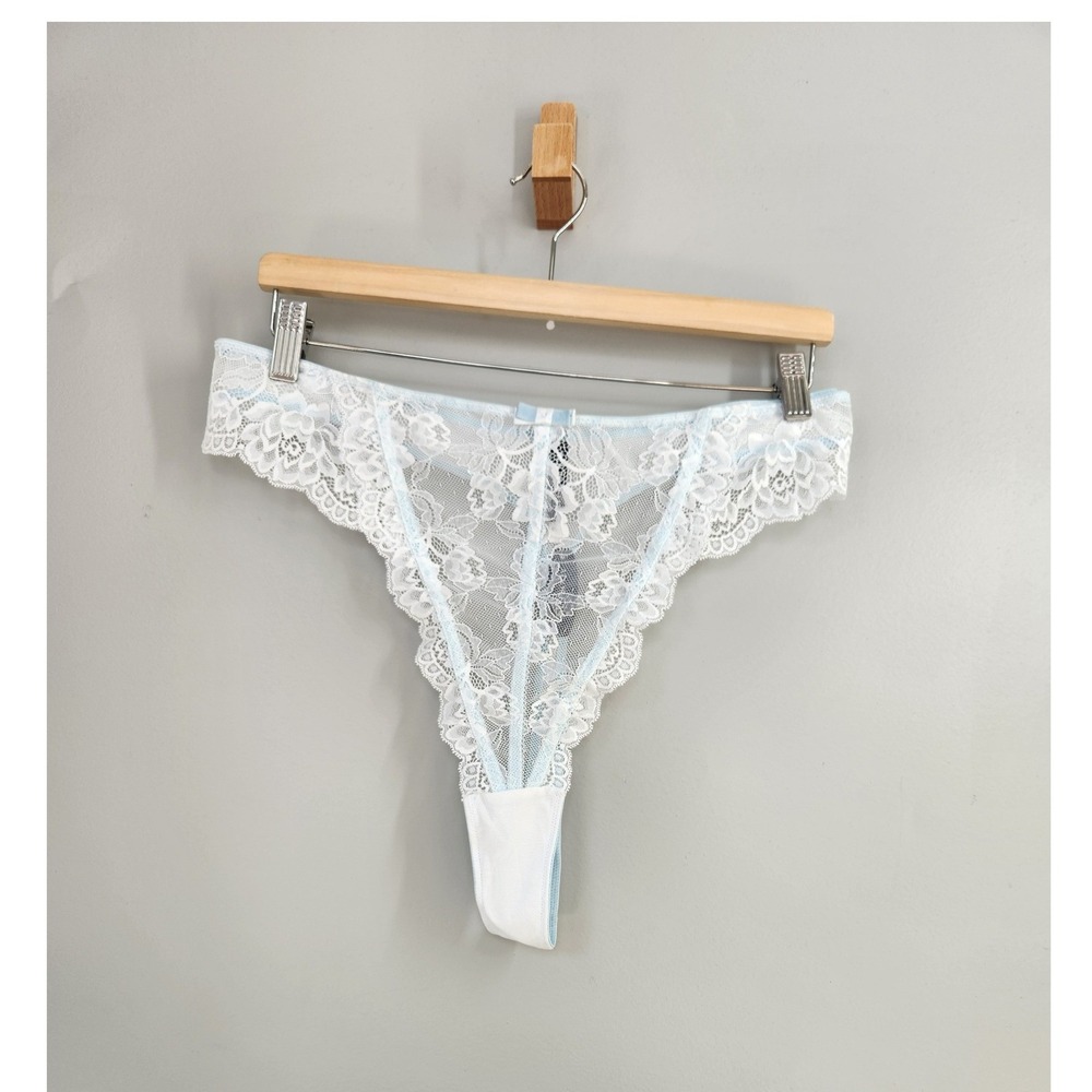 Adore Me Thong Panty Womens 5X Light Blue Lace Mesh Bow Bridal Lingerie Classic